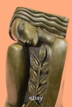 100% Bronze Abstract Cubism Female Flower Sculpture Statue Art Decor Marble Base
