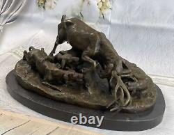 100% Solid Bronze Art Deco Cast Reindeer Stag With Dogs Sculpture Figurine