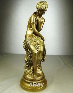 1860/1900 Math. Moreau Statue Sculpture Ep. Art Nouveau Dore Bronze Frileuse Naked