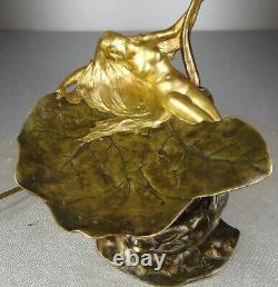 1900 E. Maurel Lamp Night Light Sculpture Art Nouveau Gilded Bronze Woman Naked Flower