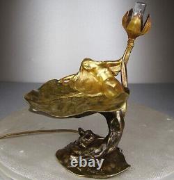 1900 E. Maurel Lamp Night Light Sculpture Art Nouveau Gilded Bronze Woman Naked Flower