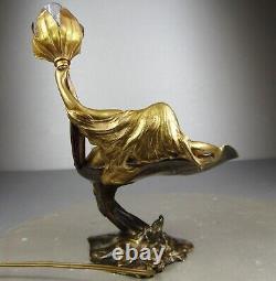 1900 E. Maurel Lamp Night Light Sculpture Art Nouveau Gilded Bronze Woman Naked Flower