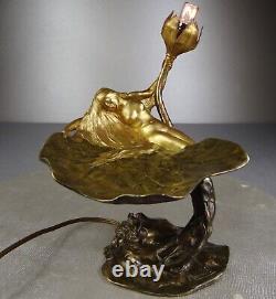 1900 E. Maurel Lamp Night Light Sculpture Art Nouveau Gilded Bronze Woman Naked Flower