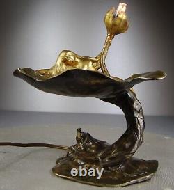 1900 E. Maurel Lamp Night Light Sculpture Art Nouveau Gilded Bronze Woman Naked Flower