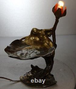 1900 E. Maurel Lamp Night Light Sculpture Art Nouveau Gilded Bronze Woman Naked Flower