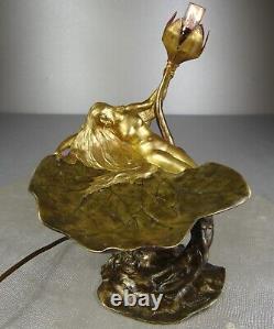 1900 E. Maurel Lamp Night Light Sculpture Art Nouveau Gilded Bronze Woman Naked Flower