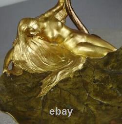 1900 E. Maurel Lamp Night Light Sculpture Art Nouveau Gilded Bronze Woman Naked Flower