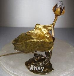 1900 E. Maurel Lamp Night Light Sculpture Art Nouveau Gilded Bronze Woman Naked Flower