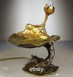 1900 E. Maurel Lamp Night Light Sculpture Art Nouveau Gilded Bronze Woman Naked Flower