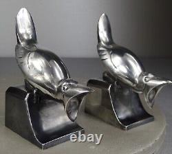 1920/1930 C. Omin Pair of Silvered Bronze Art Deco Bird Bookends