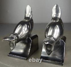 1920/1930 C. Omin Pair of Silvered Bronze Art Deco Bird Bookends