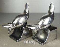 1920/1930 C. Omin Pair of Silvered Bronze Art Deco Bird Bookends