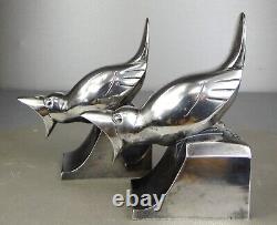 1920/1930 C. Omin Pair of Silvered Bronze Art Deco Bird Bookends