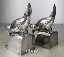 1920/1930 C. Omin Pair of Silvered Bronze Art Deco Bird Bookends