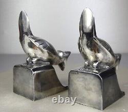 1920/1930 C. Omin Pair of Silvered Bronze Art Deco Bird Bookends