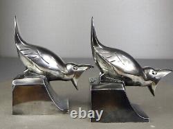 1920/1930 C. Omin Pair of Silvered Bronze Art Deco Bird Bookends