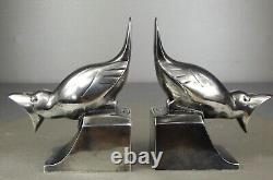 1920/1930 C. Omin Pair of Silvered Bronze Art Deco Bird Bookends