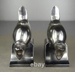 1920/1930 C. Omin Pair of Silvered Bronze Art Deco Bird Bookends