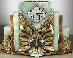 1920/1930 Fh Danvin Trim Pendulum Sculpture Art Deco Bronze Dore Silver Peacock