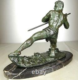 1920/1930 G Hervor Statue Sculpture Art Deco Nude Male Athlete Javelin Pat Bronze