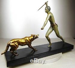 1920/1930 J Brault Grd Rare Statue Sculpture Bronze Art Deco Hunting Wolf Athlete