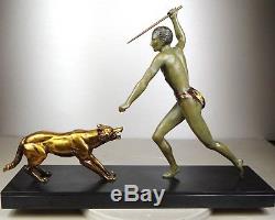 1920/1930 J. Brault Rare Sculpture Statue Bronze Art Deco Hunting Athlete Nude Wolf