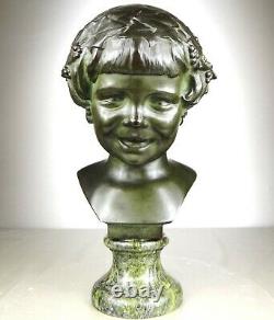 1920/1930 L. Alliot Grand Bust Statue Sculpture Art Deco Bronze Child Bacchus