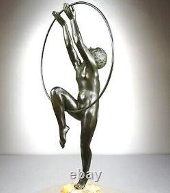 1920/1930 Lemo Rare Statue Sculpture Art Deco Bronze Dancer Nude Hoop Girl