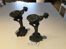 2 Sculptures Art Deco In Bronze Women Candle Holders Style Max Le Verrier Figuri
