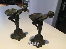 2 Sculptures Art Deco In Bronze Women Candle Holders Style Max Le Verrier Figuri