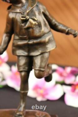 22.9cm Bronze Art Sculpture A Boy With Roll Statue Marble Classical Base