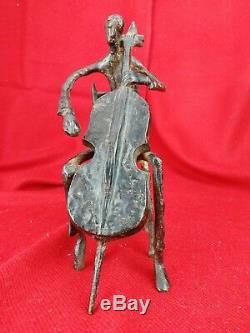 Ancient Bronze Sculpture, Musician And Bass Contemporary Art 22,5cm