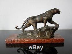 Ancient Sculpture Panther. Statue Regulates Patina Bronze. Art Deco