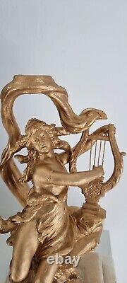 Antique Gilt Bronze Sculpture of a Woman Musician on a Marble Base, Art Deco Statue of a Woman.