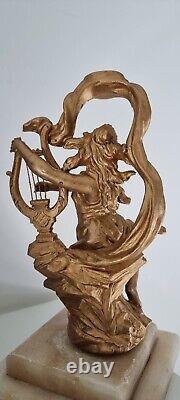 Antique Gilt Bronze Sculpture of a Woman Musician on a Marble Base, Art Deco Statue of a Woman.