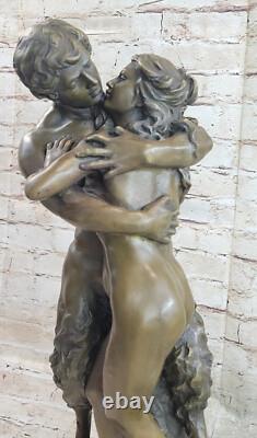 Antique Style Bronze Sculpture Statue Signed Girl with a Faun 900 Art
