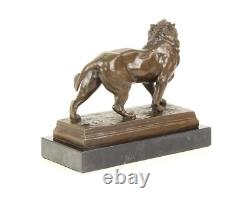 Art Deco Bronze Lion Sculpture on a Black Marble Base Signed