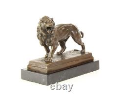 Art Deco Bronze Lion Sculpture on a Black Marble Base Signed