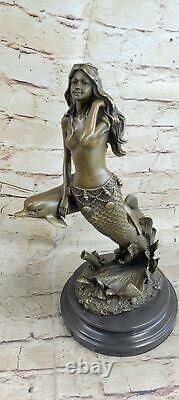 Art Deco Bronze Marble Chair Sculpture Mermaid Dolphin Figurine Statue