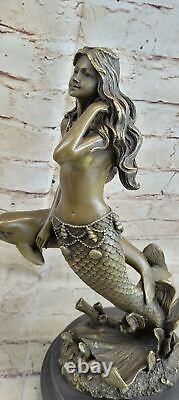 Art Deco Bronze Marble Chair Sculpture Mermaid Dolphin Figurine Statue