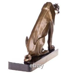 Art Deco Bronze Panther Sculpture Sitting on Marble After Henry Moore