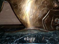 Art Deco Bronze Sculpture of Fish with Copper Patina Signed