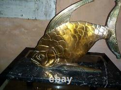 Art Deco Bronze Sculpture of Fish with Copper Patina Signed