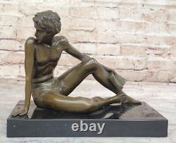 Art Deco Bronze Sculpture of a Boy Reading a Book on the Beach Vintage