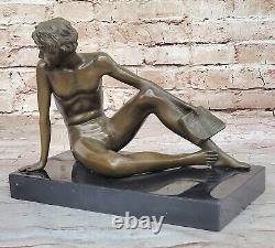 Art Deco Bronze Sculpture of a Boy Reading a Book on the Beach Vintage