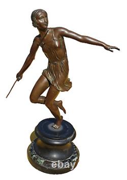 Art Deco Bronze Sculpture of a Semi-Nude Woman Throwing a Javelin, Signed Josselin