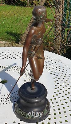 Art Deco Bronze Sculpture of a Semi-Nude Woman Throwing a Javelin, Signed Josselin