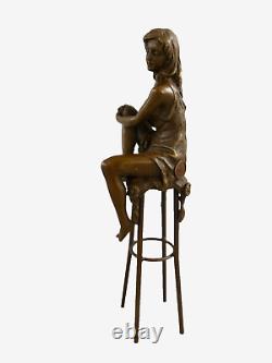 Art Deco Bronze Sculpture of a Semi-Nude Woman on a Stool after Pierre Collinet