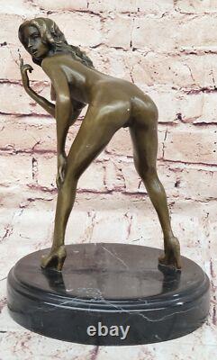 Art Deco Bronze Statue of Nude Girl on Table Sexy Artwork NR