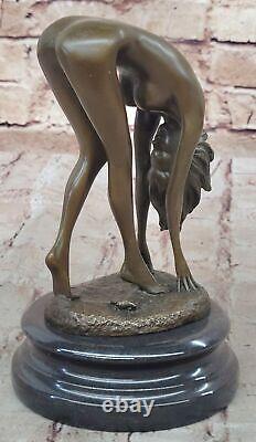 Art Deco Bronze Statue of Nude Girl on Table Sexy Cast Iron Sculpture